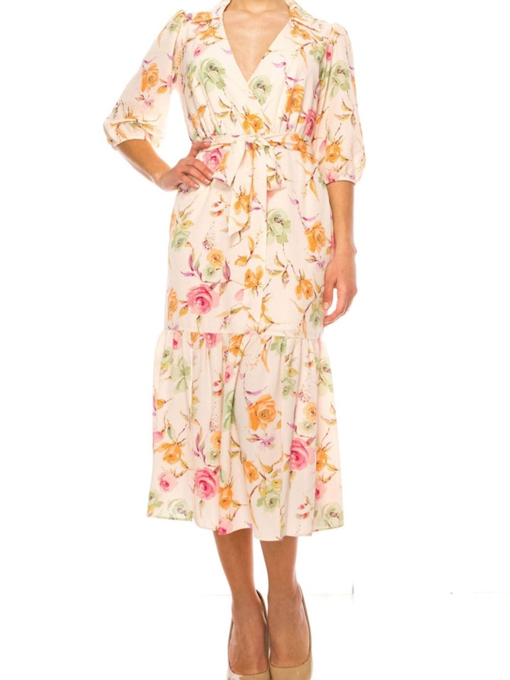 Maison Tara Belted Floral Wrap Midi Dress in Blush Pink/Peach